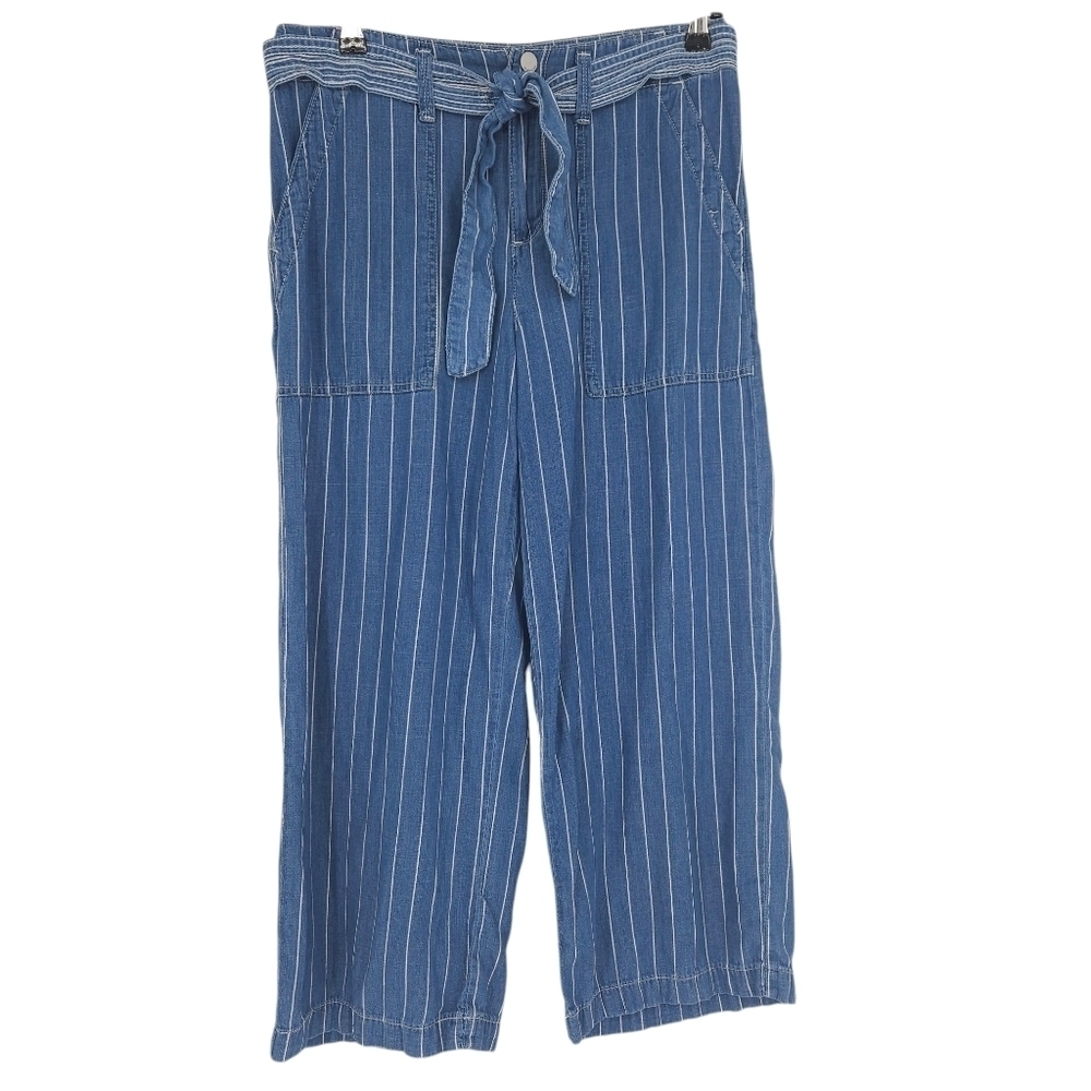 Seven7 Wide Leg Cropped Jeans Blue Striped High Rise Denim Tie Belt Palazzo 4